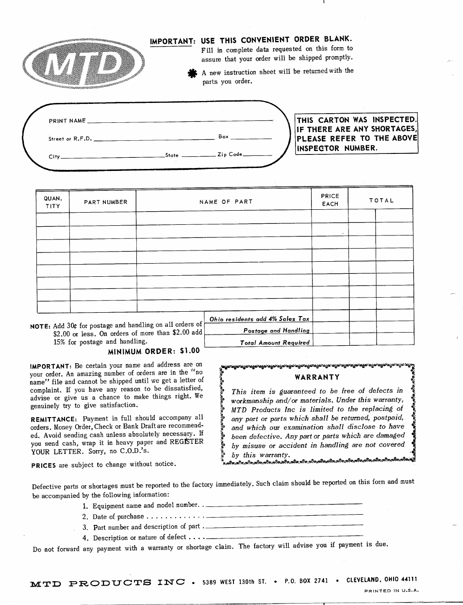 Important; use this convenient order blank, Warranty | MTD 439-305 User Manual | Page 2 / 2