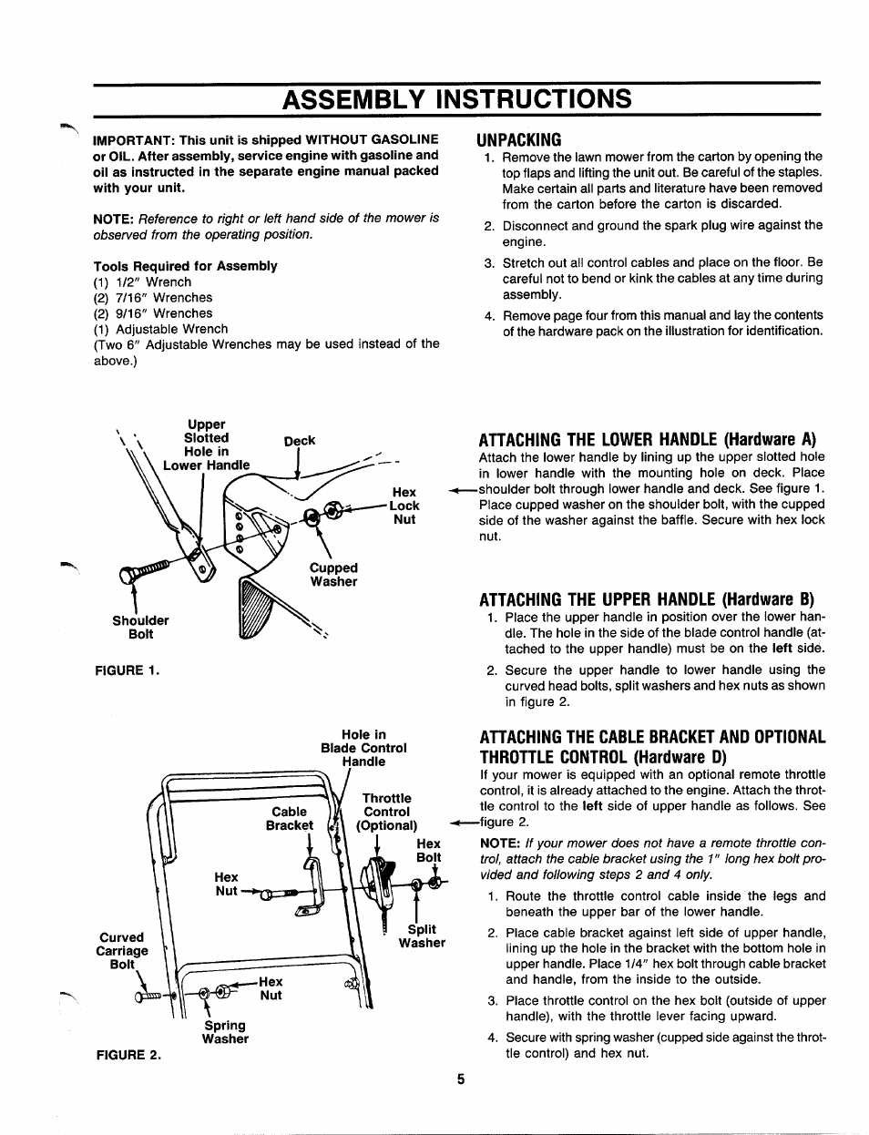 Assembly instructions, Unpacking, Attaching the lower handle (hardware a) | Attaching the upper handle (hardware b) | MTD 111-020R000 User Manual | Page 5 / 12