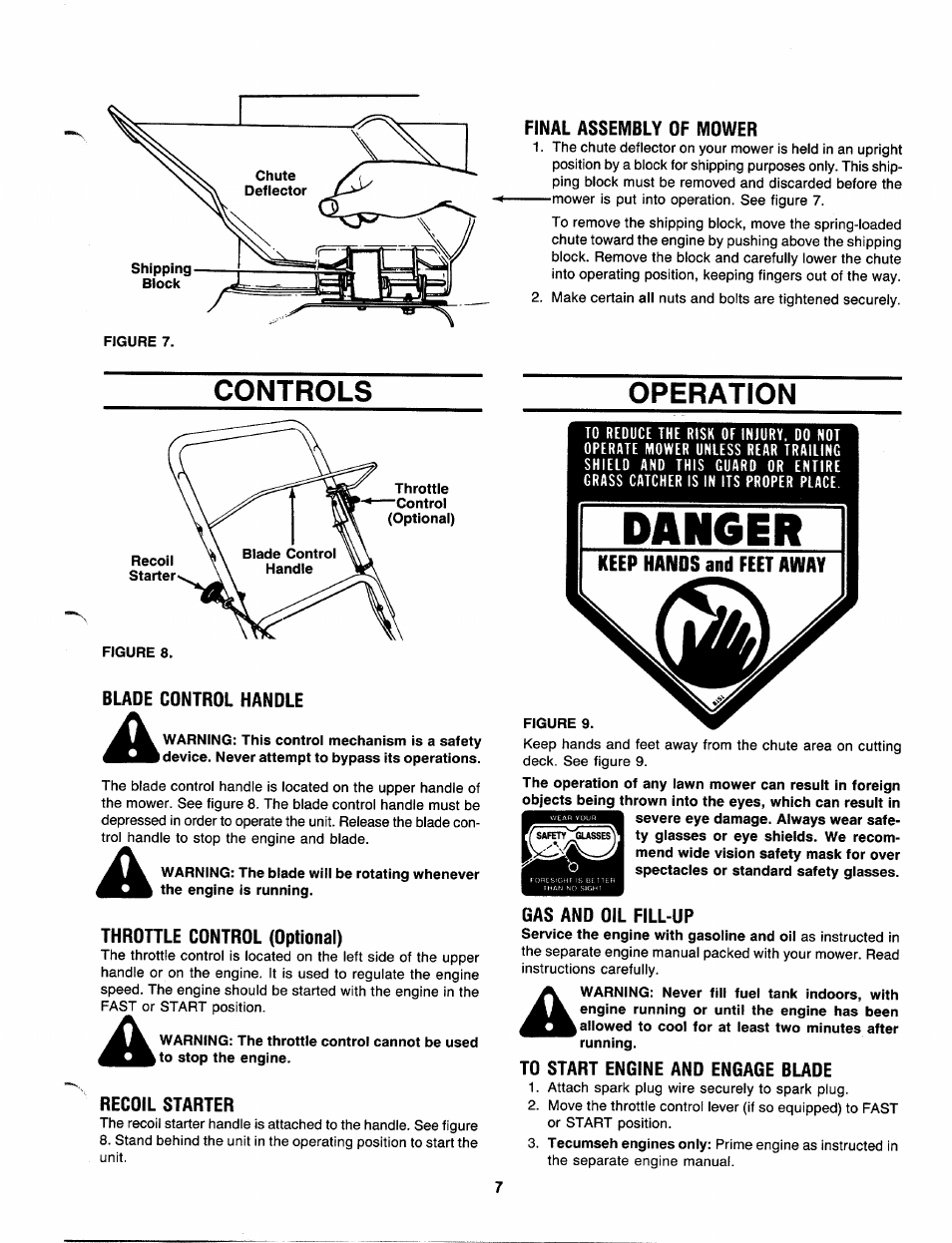 Final assembly of mower, Controls, Operation | Blade control handle, Throttle control (optional), Recoil starter, Gas and oil fill-up, To start engine and engage blade, Controls operation | MTD 111-020R000 User Manual | Page 7 / 12