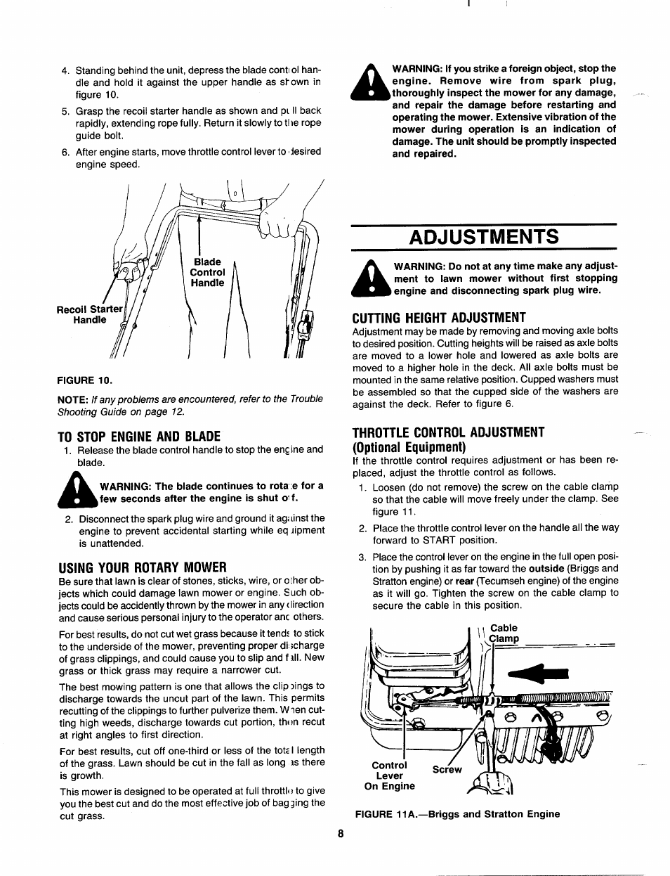 To stop engine and blade, Using your rotary mower, Adjustments | Cutting height adjustment, Throttle control adjustment (optional equipment) | MTD 111-020R000 User Manual | Page 8 / 12