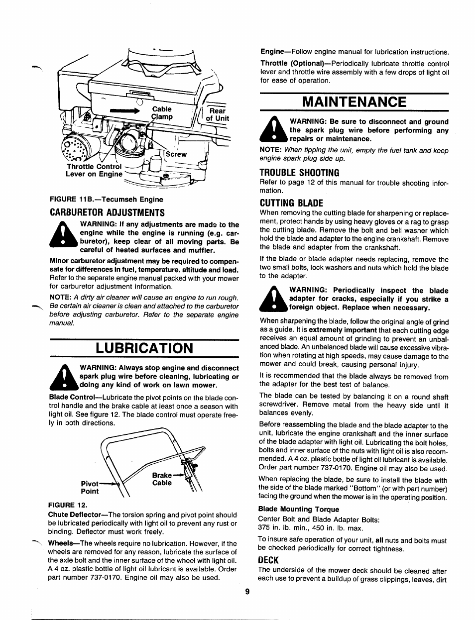 Carburetor adjustments, Lubrication, Maintenance | Trouble shooting, Cutting blade, Deck | MTD 111-020R000 User Manual | Page 9 / 12