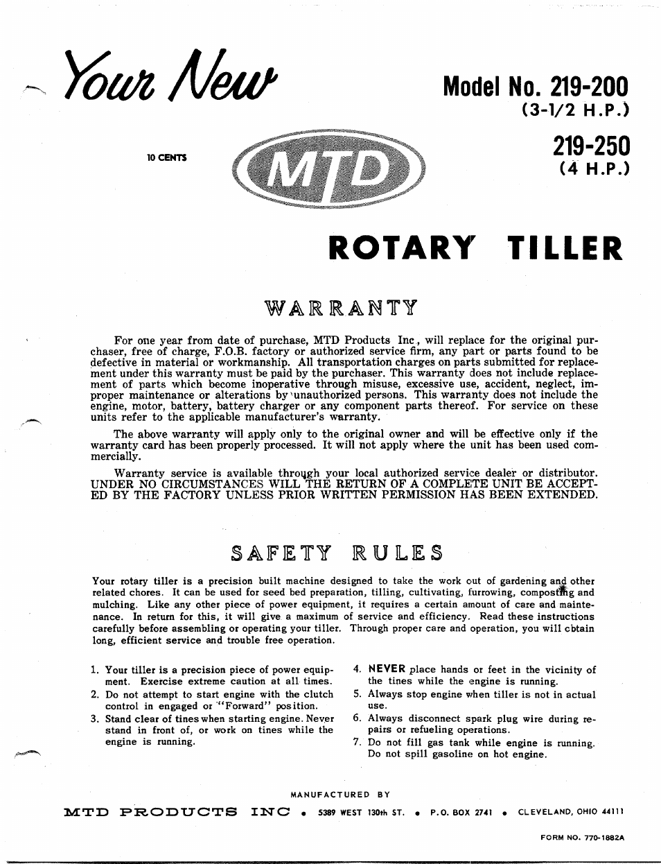 MTD 219-250 User Manual | 8 pages