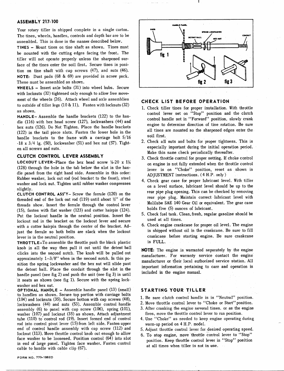 Assembly 217-100, Clutch control lever assembly, Check list before operation | Starting your tiller | MTD 219-250 User Manual | Page 4 / 8