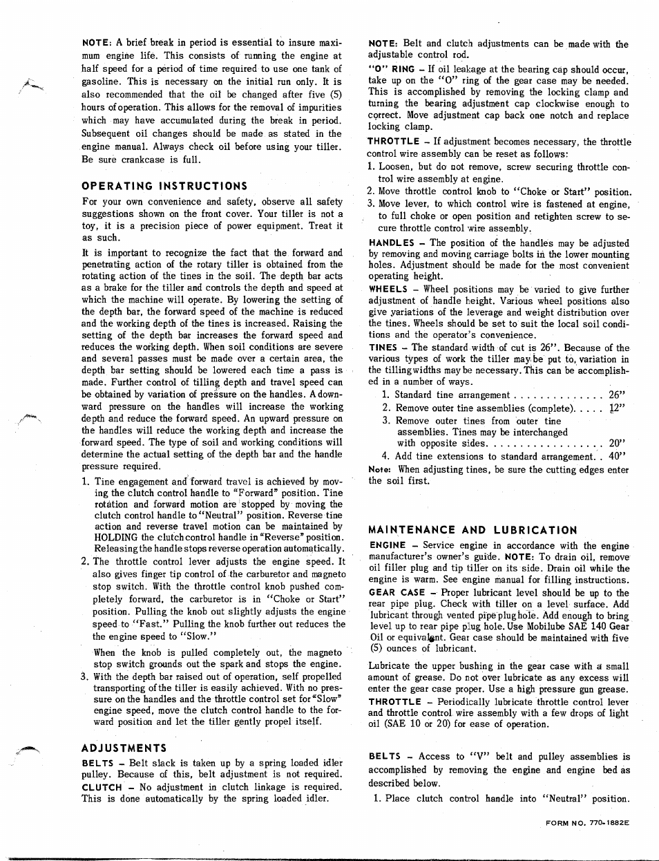 Operating instructions, Maintenance and lubrication, Adjustments | MTD 219-250 User Manual | Page 5 / 8