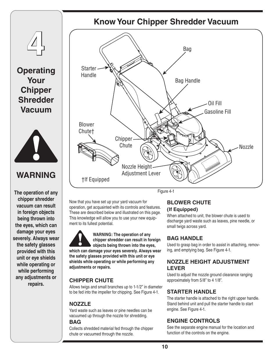 Operating your chipper shredder vacuum warning, Know your chipper shredder vacuum | MTD Series 020 User Manual | Page 10 / 44