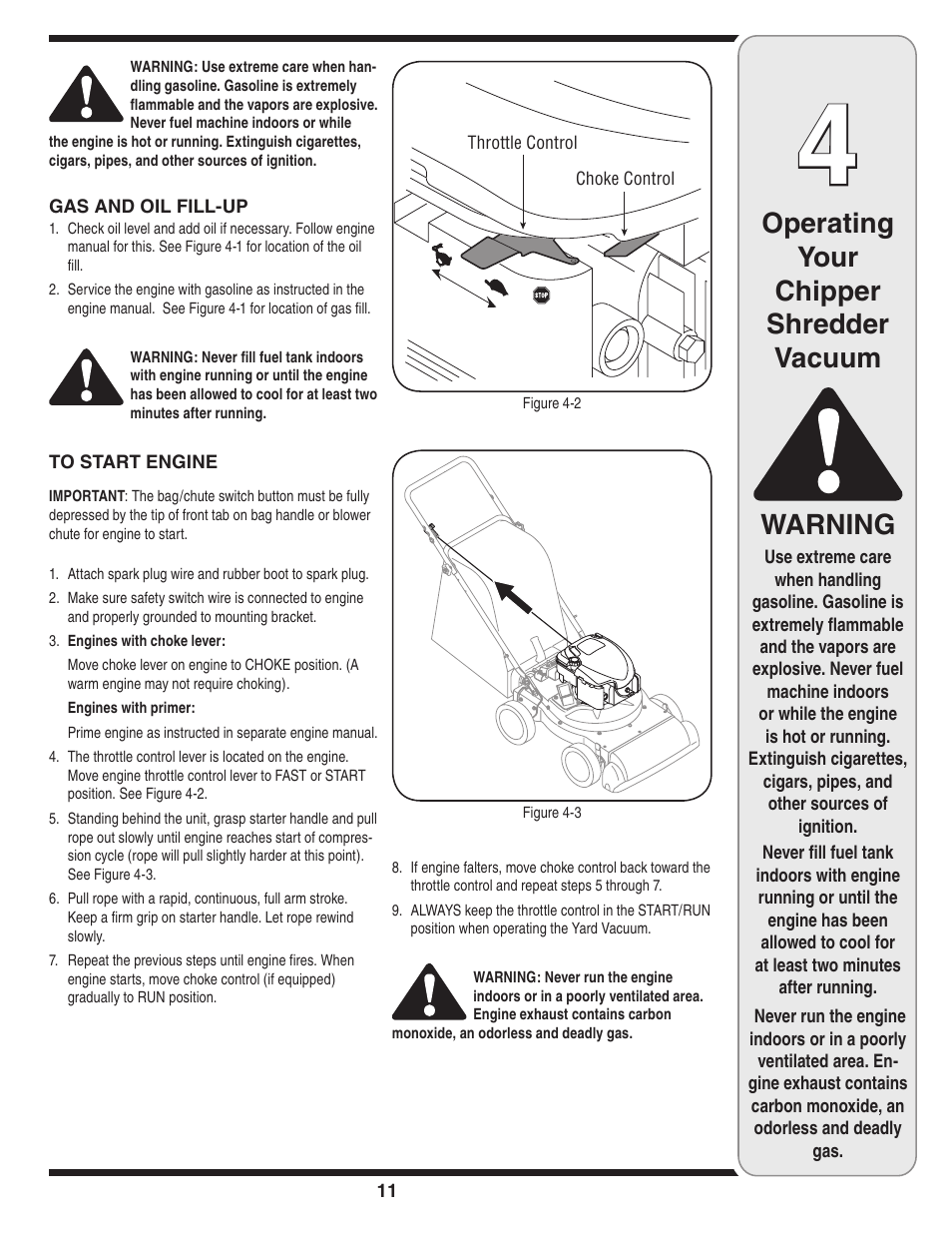 Operating your chipper shredder vacuum, Warning | MTD Series 020 User Manual | Page 11 / 44