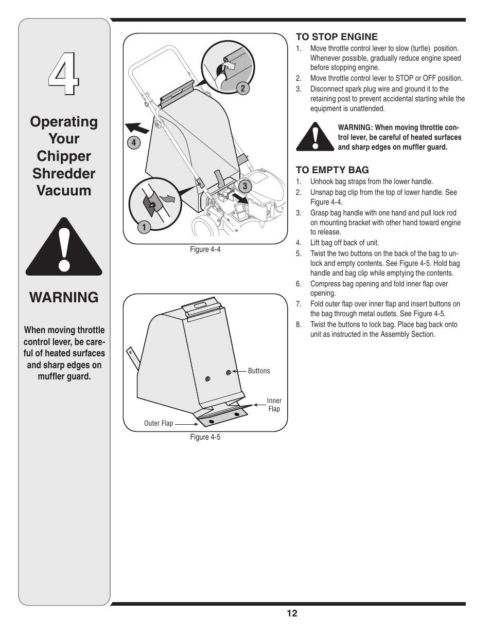 Operating your chipper shredder vacuum, Warning | MTD Series 020 User Manual | Page 12 / 44