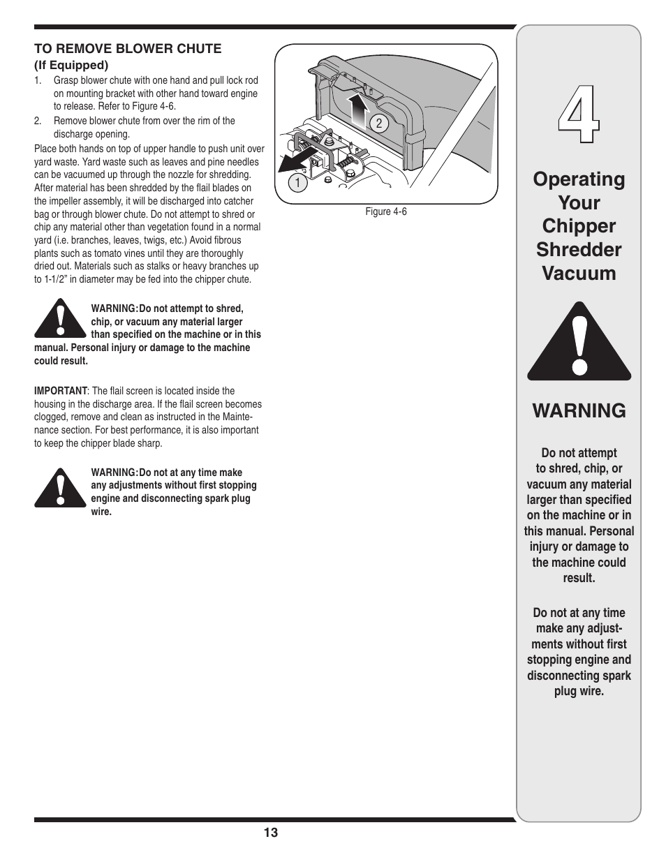 Operating your chipper shredder vacuum, Warning | MTD Series 020 User Manual | Page 13 / 44