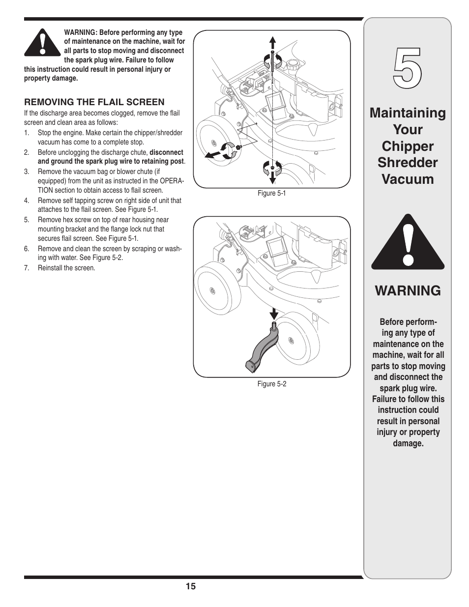 Maintaining your chipper shredder vacuum, Warning | MTD Series 020 User Manual | Page 15 / 44