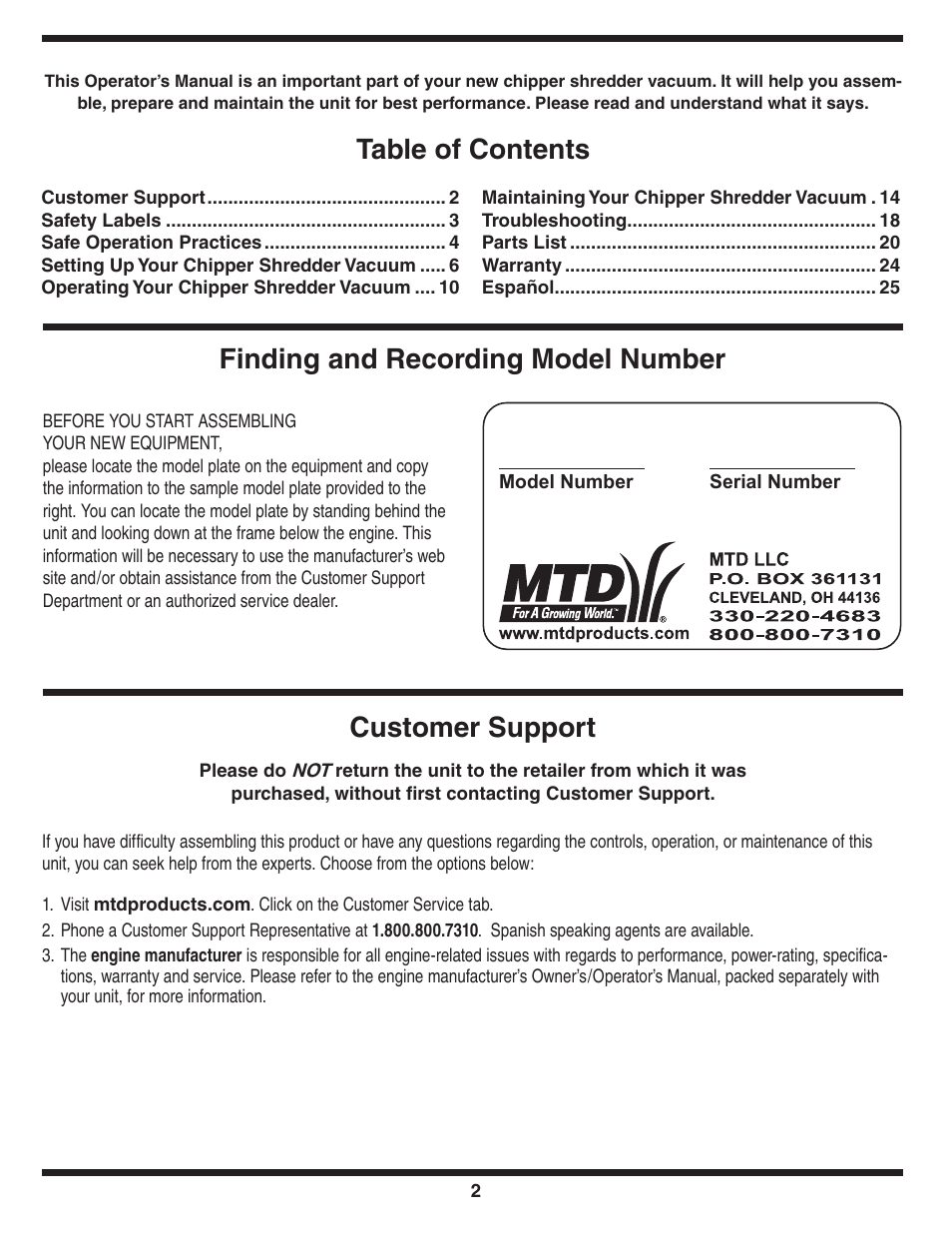 MTD Series 020 User Manual | Page 2 / 44