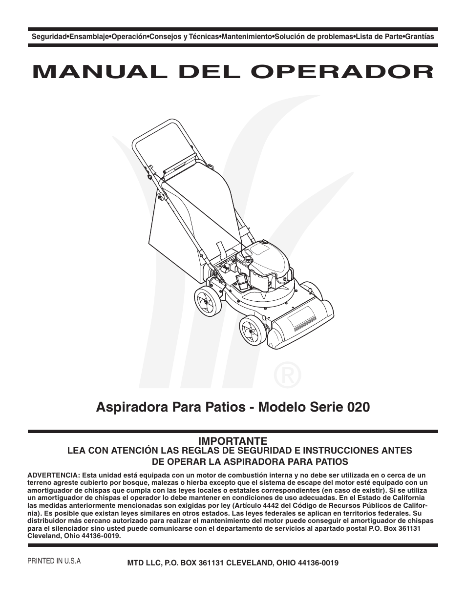 Manual del operador, Aspiradora para patios - modelo serie 020, Importante | MTD Series 020 User Manual | Page 25 / 44