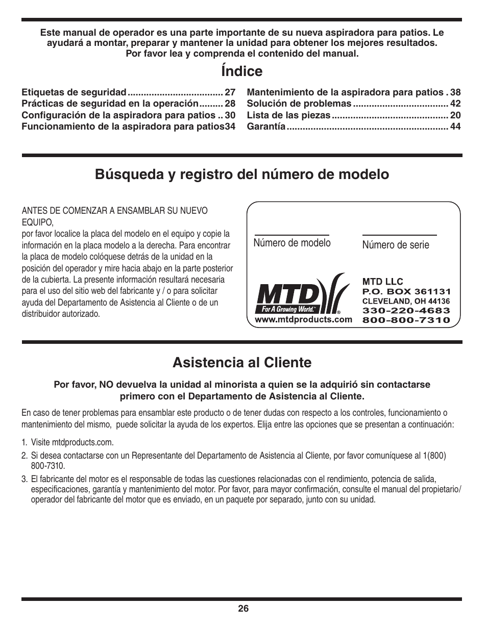 Búsqueda y registro del número de modelo, Índice, Asistencia al cliente | MTD Series 020 User Manual | Page 26 / 44