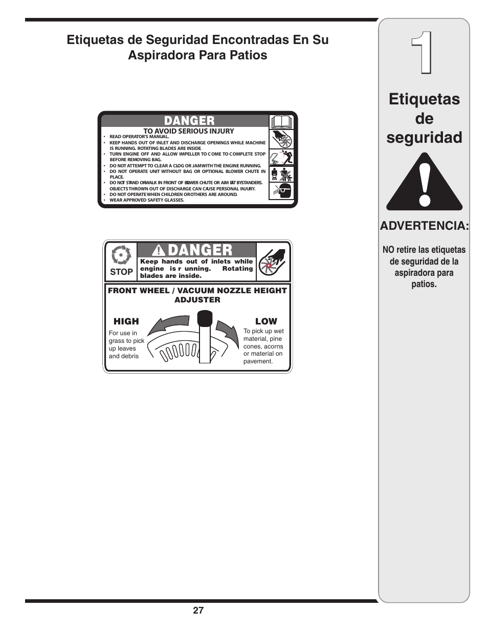 Etiquetas de seguridad, Danger, Advertencia | MTD Series 020 User Manual | Page 27 / 44