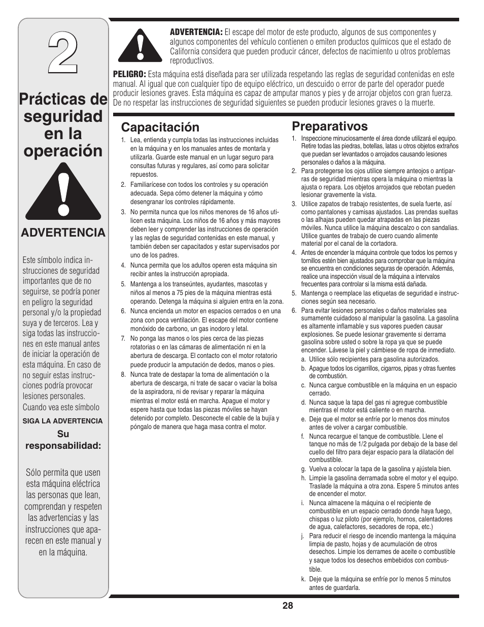 Prácticas de seguridad en la operación, Capacitación, Preparativos | Advertencia | MTD Series 020 User Manual | Page 28 / 44
