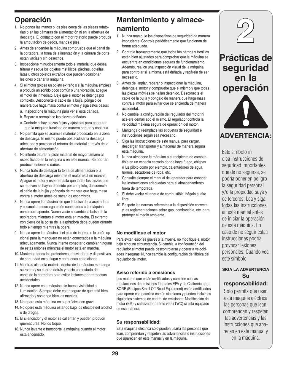 Prácticas de seguridad en la operación, Operación, Mantenimiento y almace- namiento | Advertencia | MTD Series 020 User Manual | Page 29 / 44