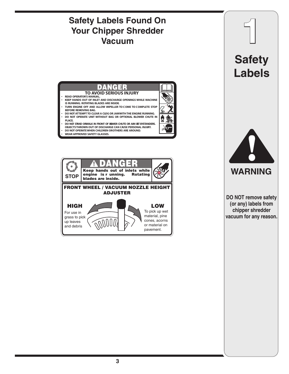 Safety labels, Warning, Danger | MTD Series 020 User Manual | Page 3 / 44