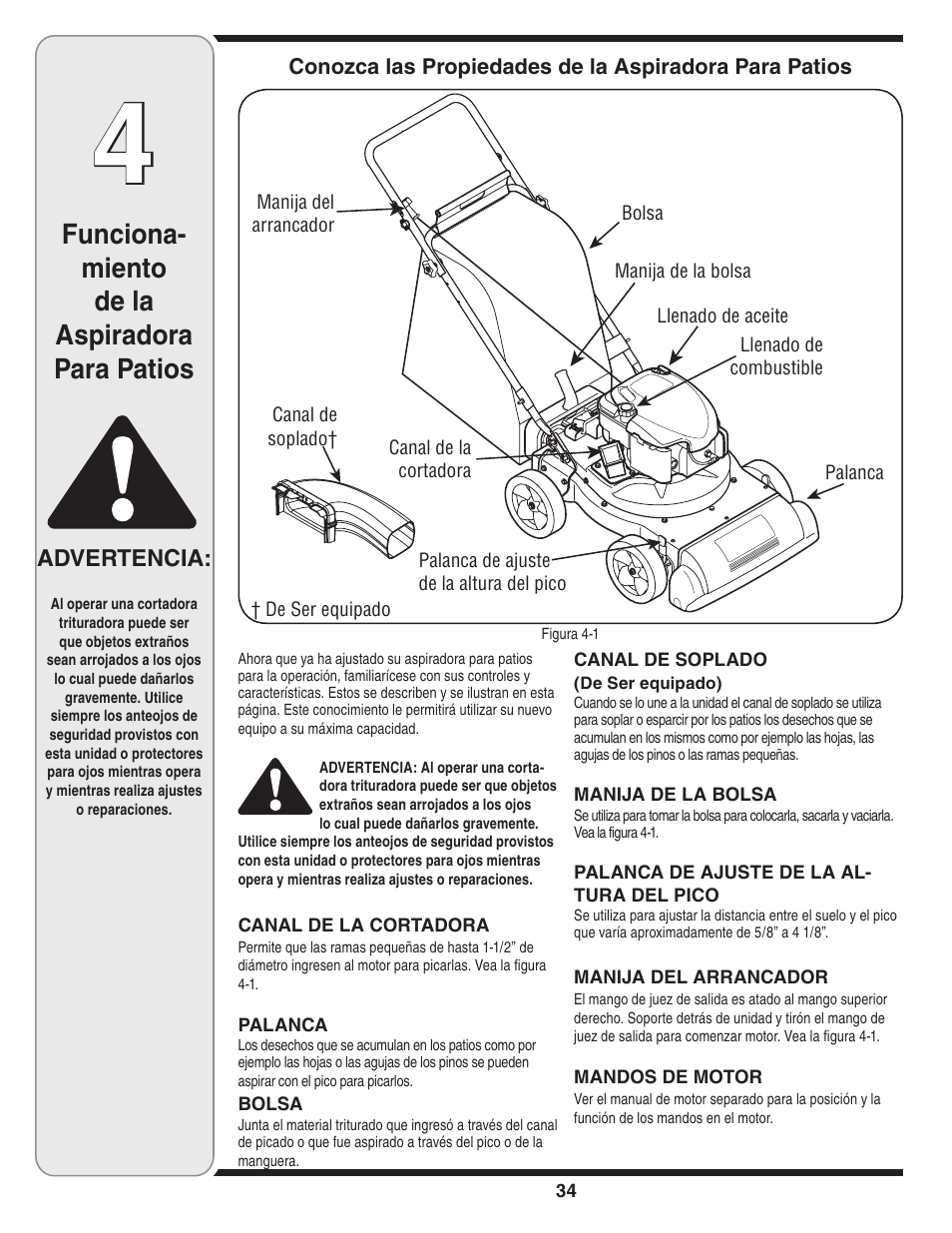 Funciona- miento de la aspiradora para patios, Advertencia | MTD Series 020 User Manual | Page 34 / 44