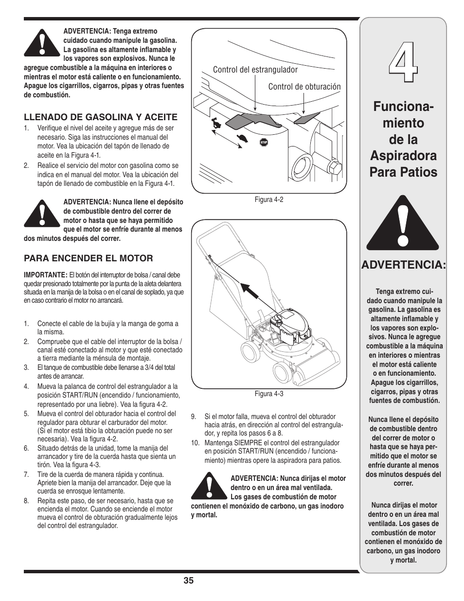 Funciona- miento de la aspiradora para patios, Advertencia | MTD Series 020 User Manual | Page 35 / 44