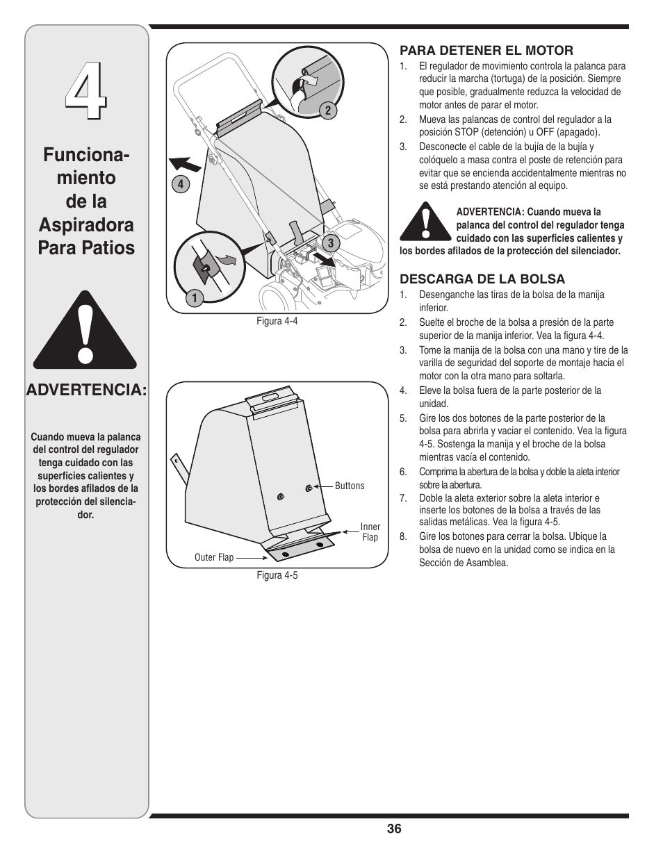 Funciona- miento de la aspiradora para patios, Advertencia | MTD Series 020 User Manual | Page 36 / 44