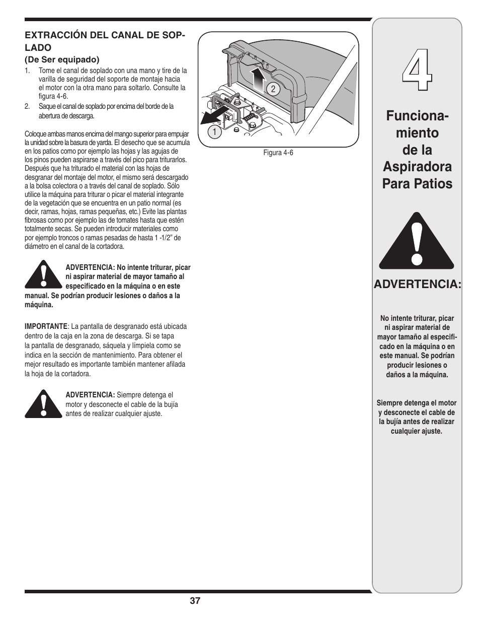 Funciona- miento de la aspiradora para patios, Advertencia | MTD Series 020 User Manual | Page 37 / 44