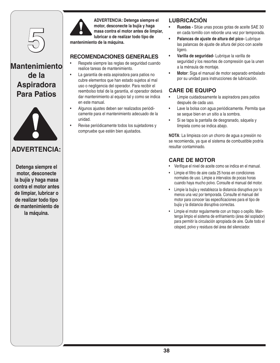 Mantenimiento de la aspiradora para patios, Advertencia | MTD Series 020 User Manual | Page 38 / 44