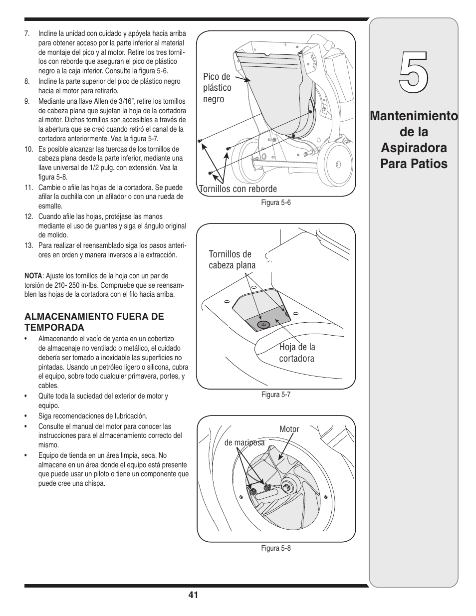 Mantenimiento de la aspiradora para patios | MTD Series 020 User Manual | Page 41 / 44