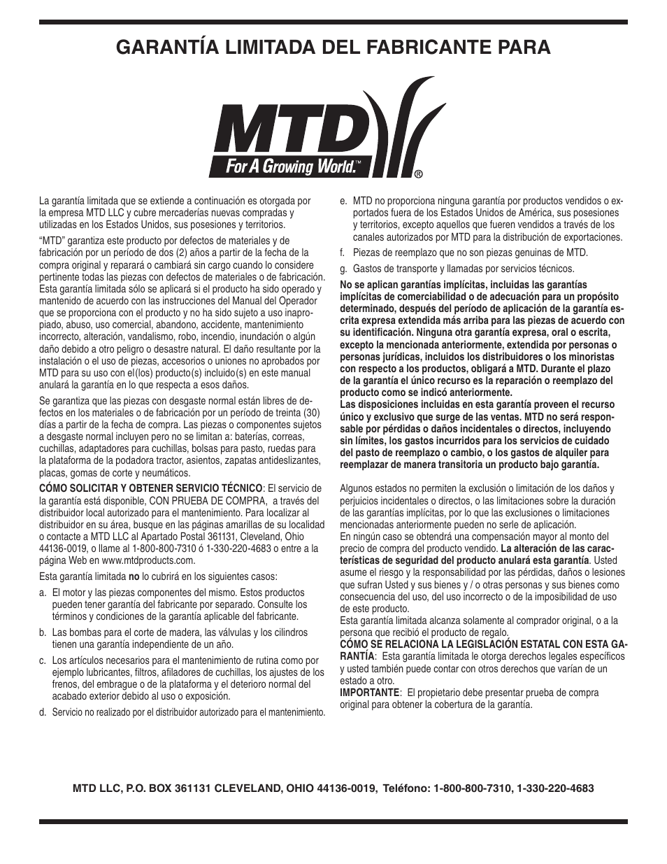 Garantía limitada del fabricante para | MTD Series 020 User Manual | Page 44 / 44