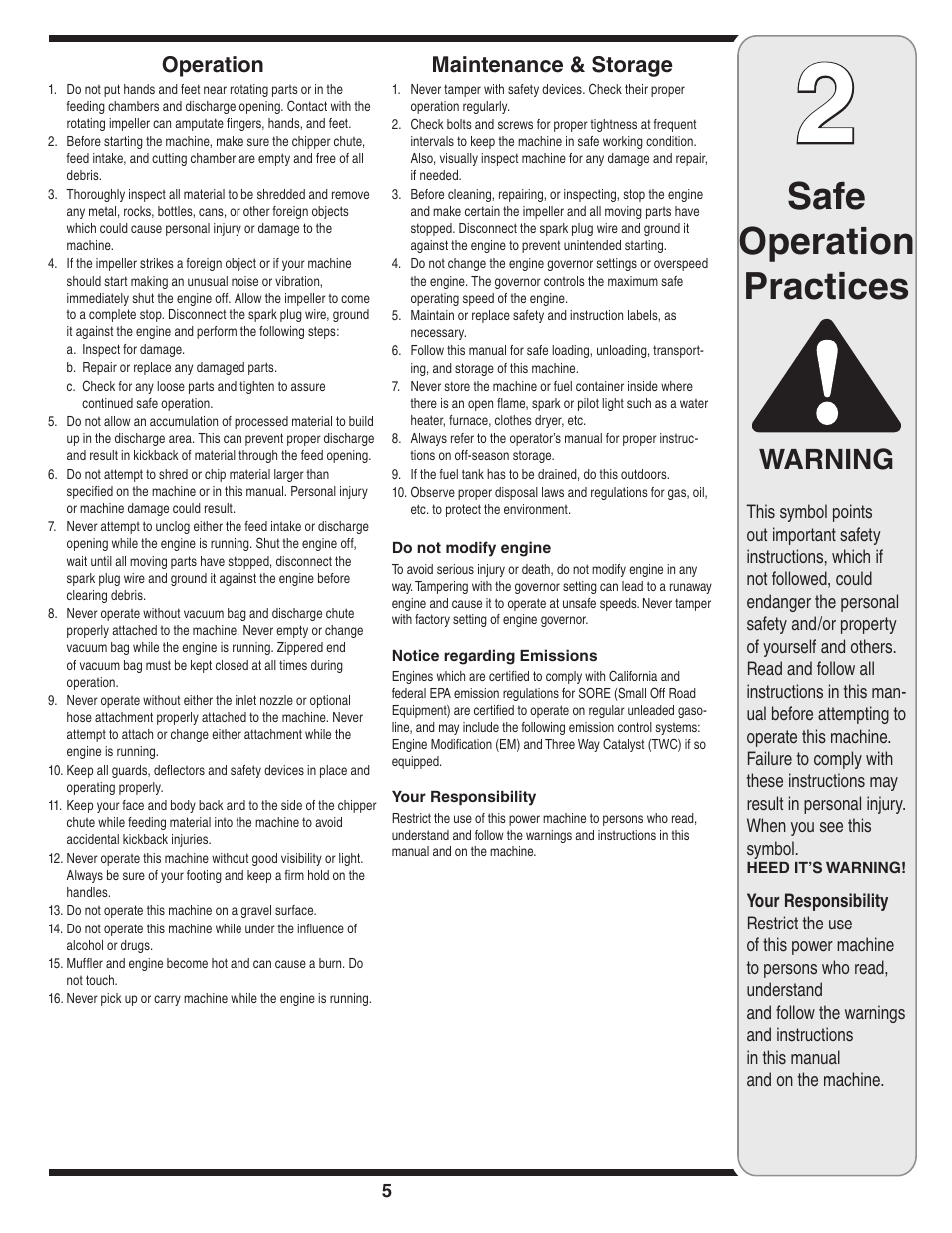 Safe operation practices, Warning, Operation | Maintenance & storage | MTD Series 020 User Manual | Page 5 / 44