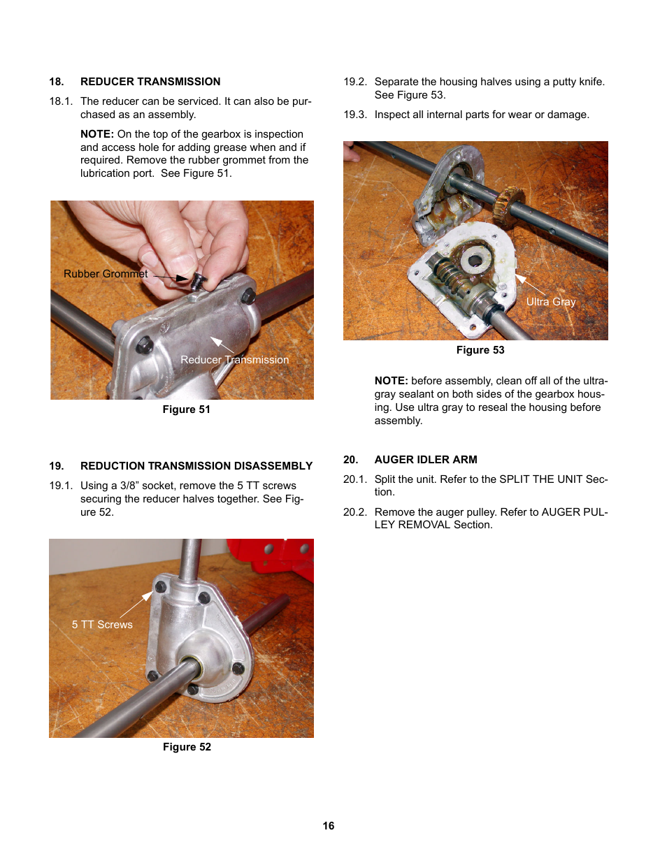 Reducer transmission, Reduction transmission disassembly, Auger idler arm | MTD 31AE5MLG729 User Manual | Page 20 / 21