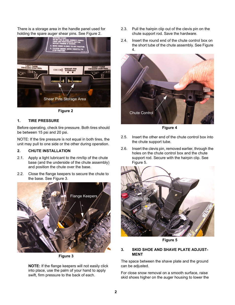 Tire pressure, Chute installation, Skid shoe and shave plate adjust ment | MTD 31AE5MLG729 User Manual | Page 6 / 21