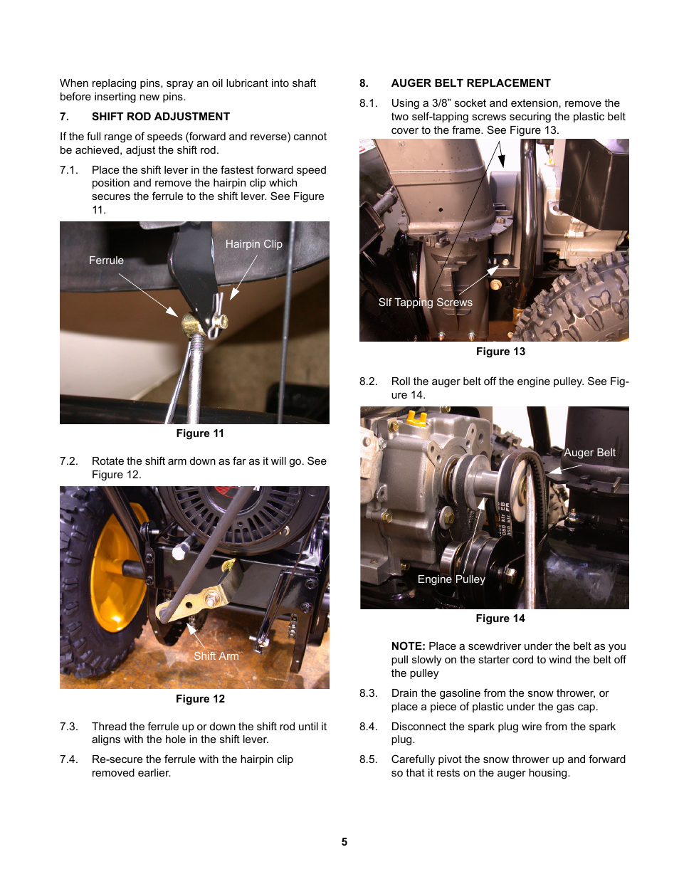 Shift rod adjustment, Auger belt replacement | MTD 31AE5MLG729 User Manual | Page 9 / 21
