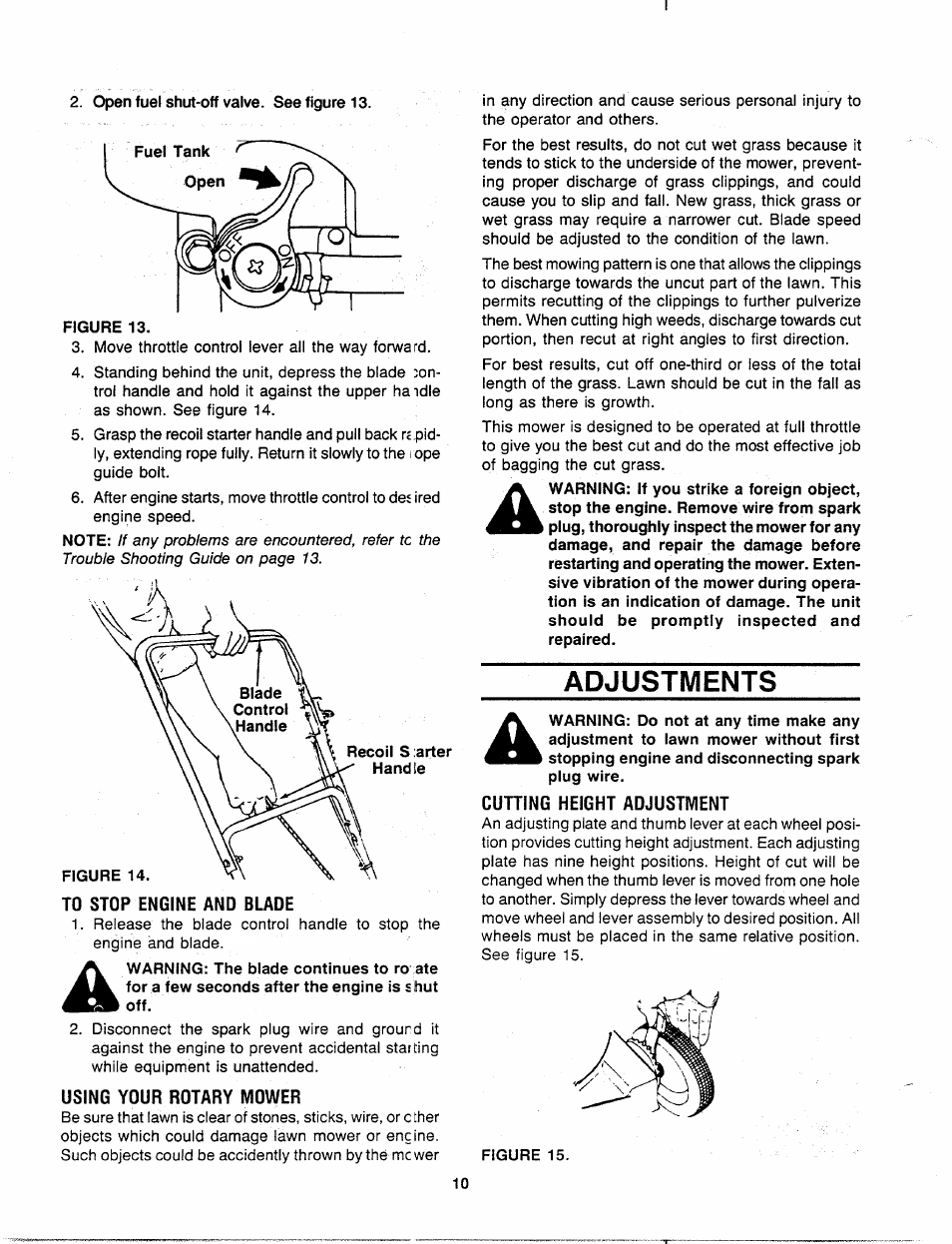 To stop engine and blade, Using your rotary mower, Adjustments | Cutting height adjustment | MTD 110A508R000 User Manual | Page 10 / 16