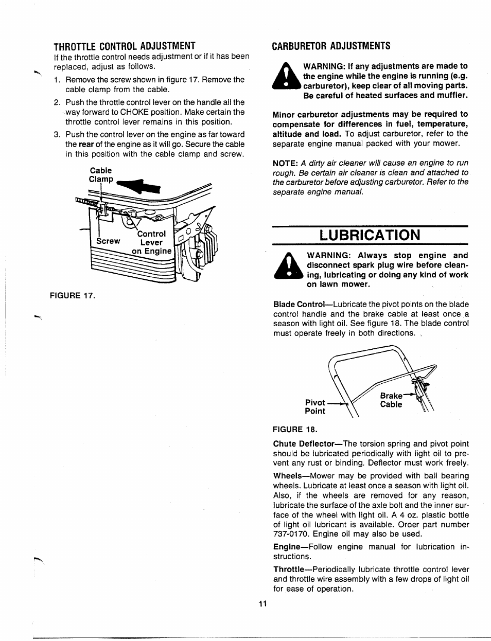 Throttle control adjustment, Carburetor adjustments, Lubrication | MTD 110A508R000 User Manual | Page 11 / 16