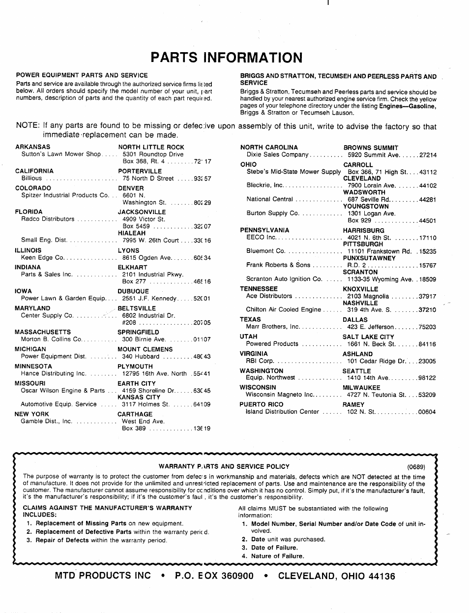 Parts information | MTD 110A508R000 User Manual | Page 16 / 16