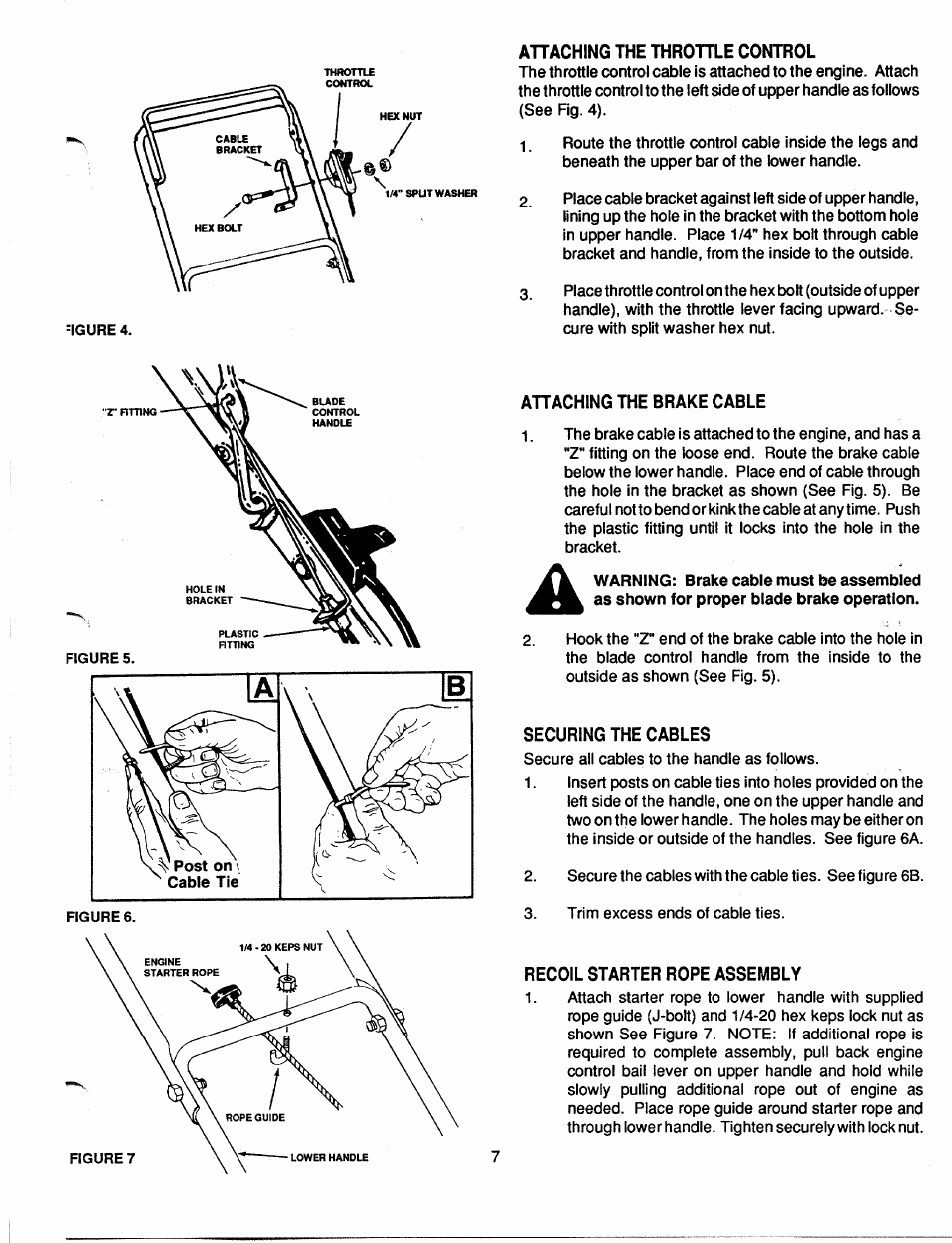 Ahaching the throttle control, Attaching the brake cable, Securing the cables | Recoil starter rope assembly | MTD 110A508R000 User Manual | Page 7 / 16