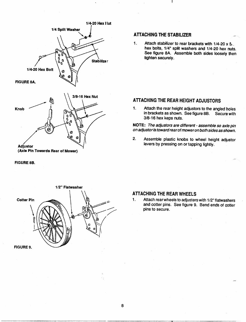 Ahaching the stabilizer, Ahaching the rear height adjustors, Ahaching the rear wheels | MTD 110A508R000 User Manual | Page 8 / 16