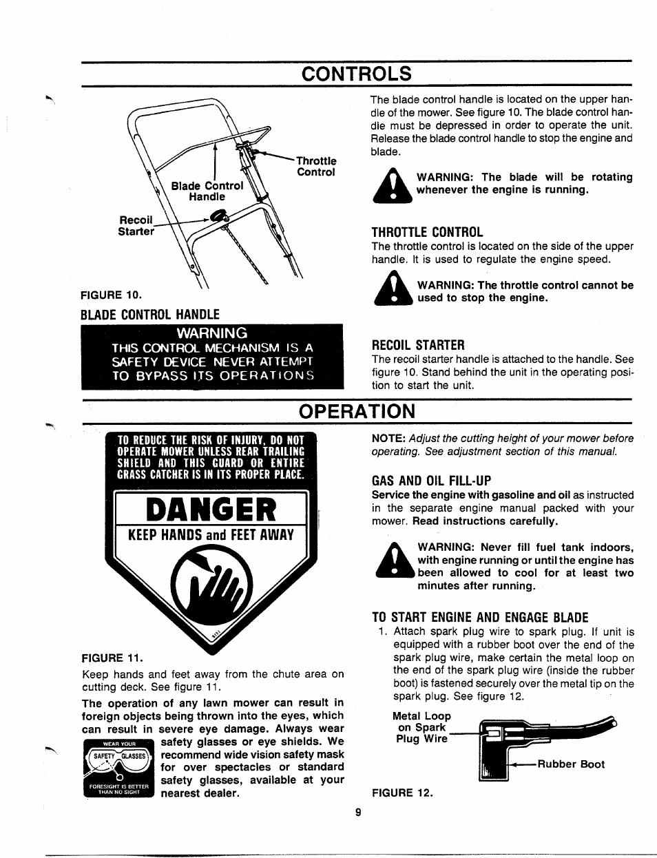 Controls, Throttle control, Warning | Recoil starter, Operation, Gas and oil fill-up, To start engine and engage blade, Controls operation | MTD 110A508R000 User Manual | Page 9 / 16