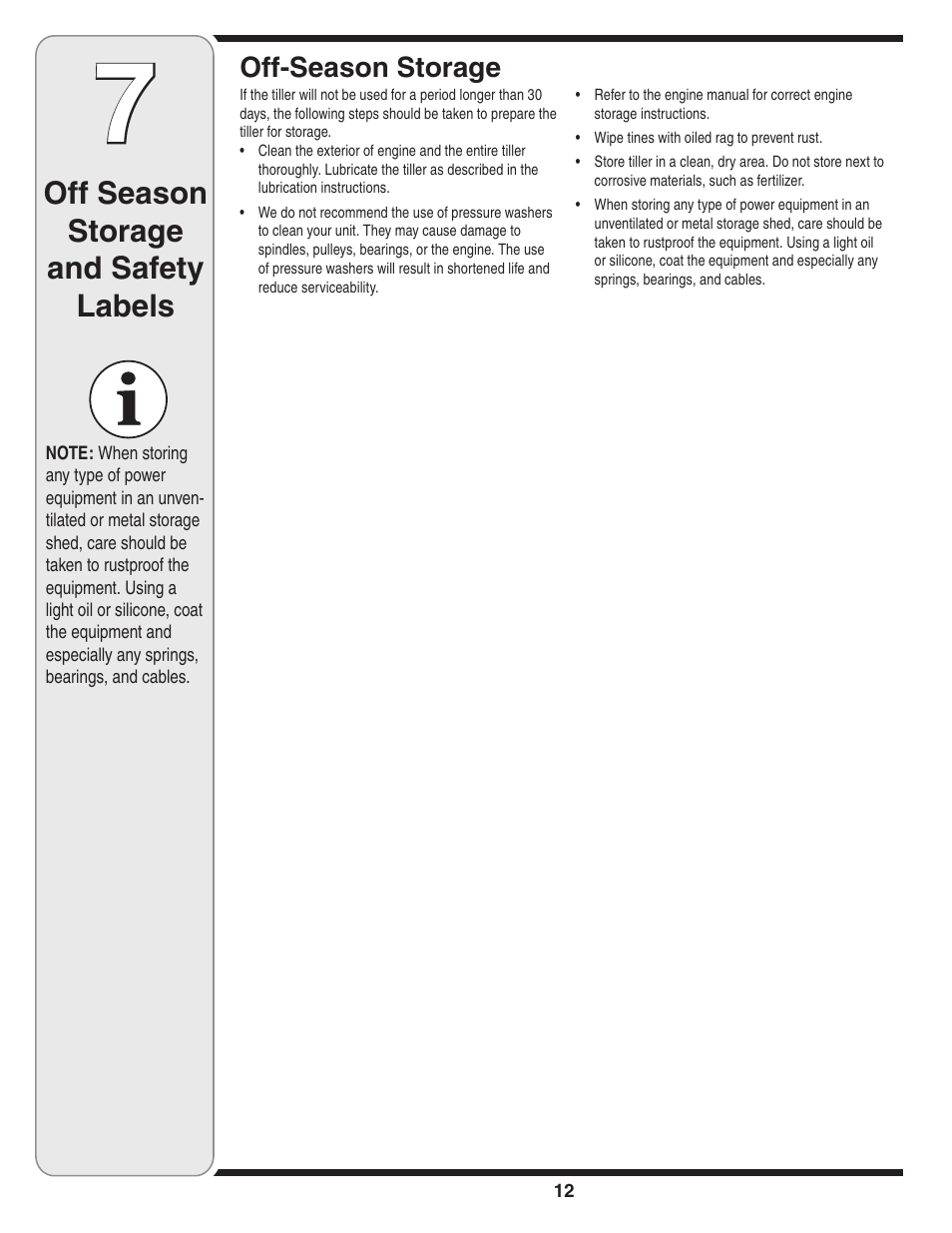 Off season storage and safety labels | MTD 250 User Manual | Page 12 / 16