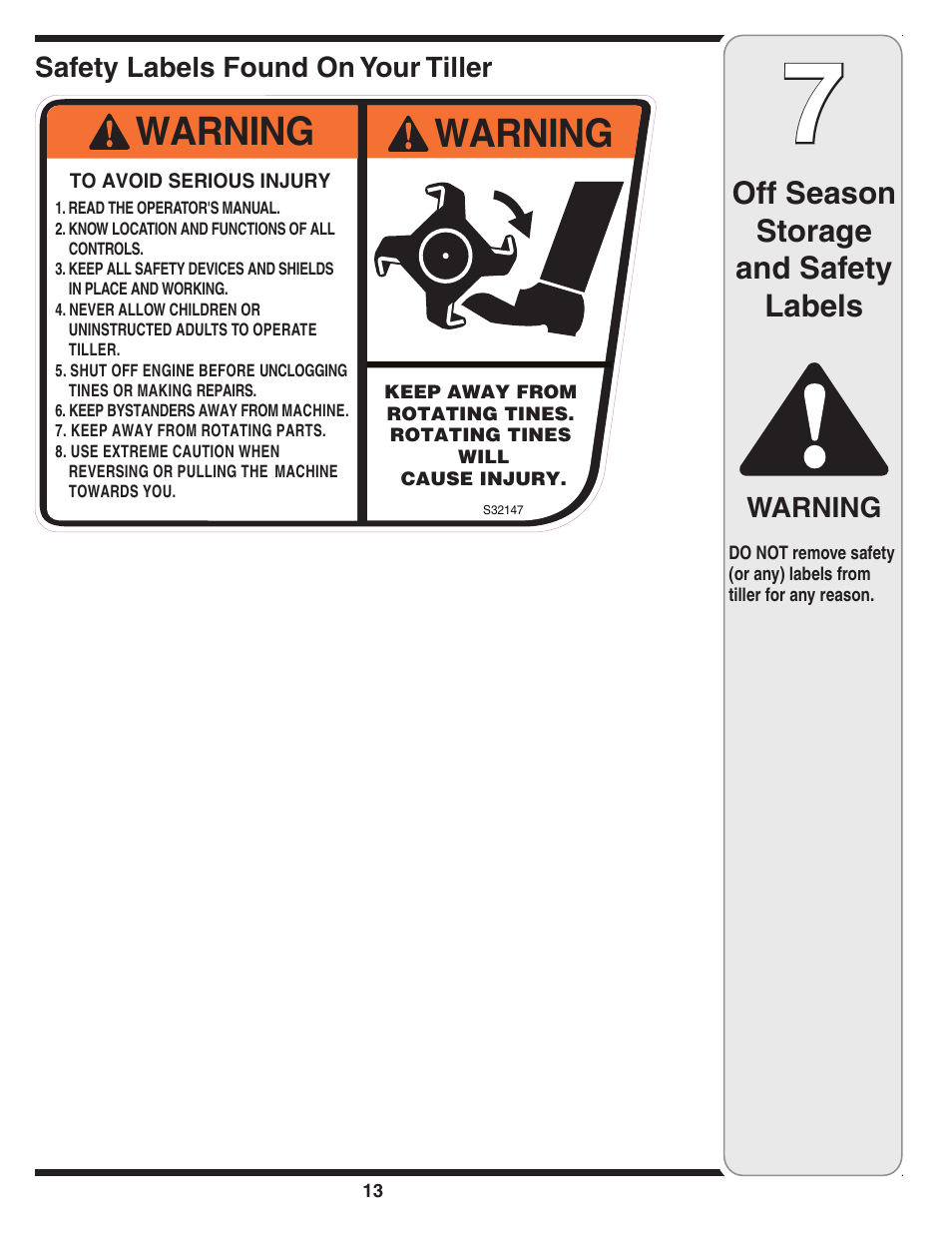 Warning, Off season storage and safety labels, Safety labels found on your tiller | MTD 250 User Manual | Page 13 / 16