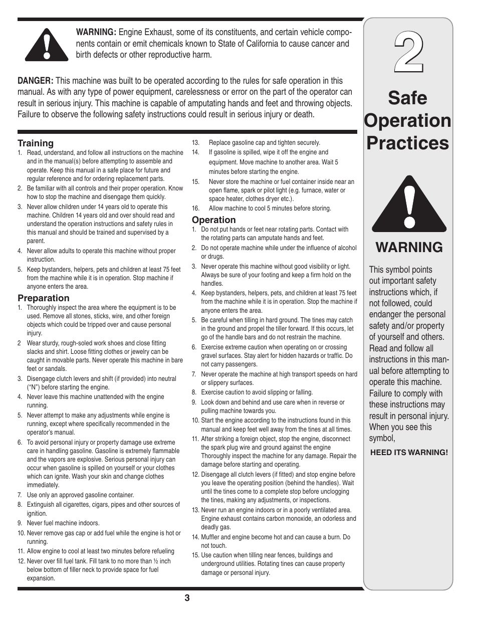 Safe operation practices, Warning | MTD 250 User Manual | Page 3 / 16