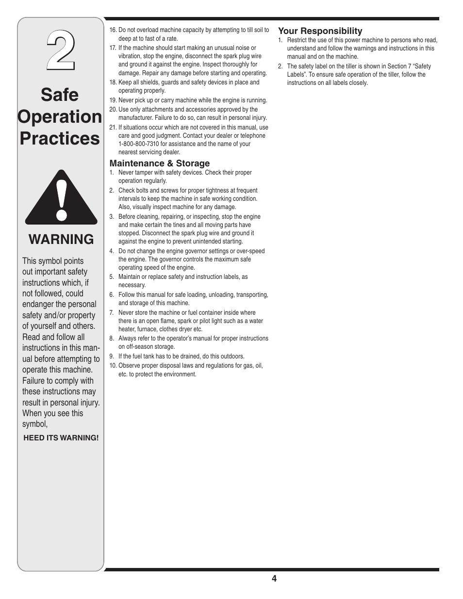 Safe operation practices, Warning | MTD 250 User Manual | Page 4 / 16