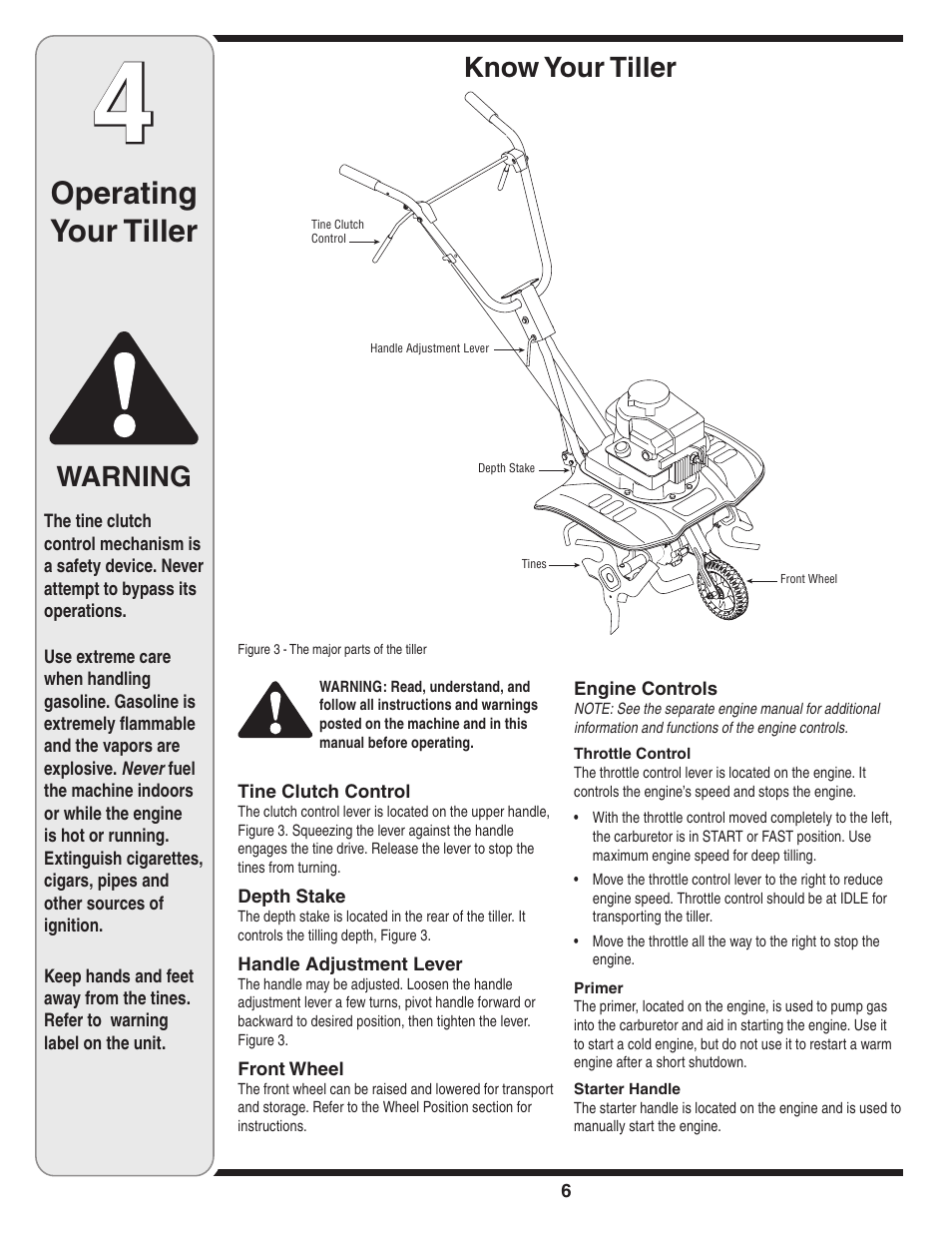 Operating your tiller, Warning, Know your tiller | MTD 250 User Manual | Page 6 / 16