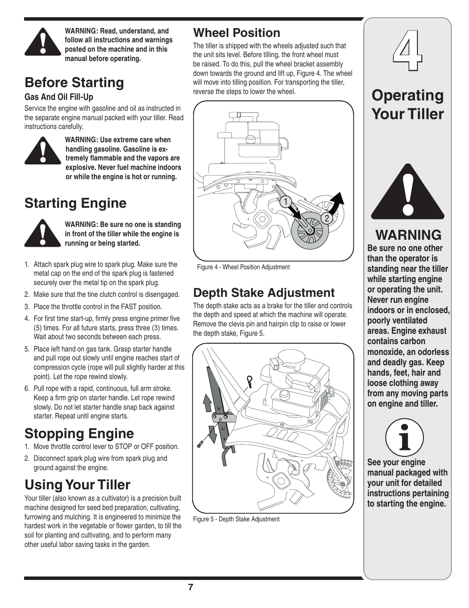 Operating your tiller, Warning, Before starting | Starting engine, Stopping engine, Using your tiller, Wheel position, Depth stake adjustment | MTD 250 User Manual | Page 7 / 16