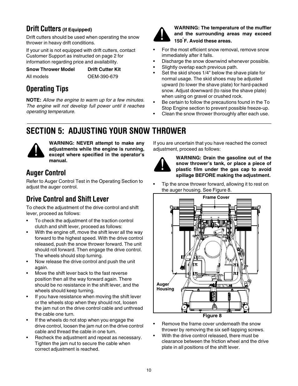 Drift cutters (if equipped), Operating tips, Section 5: adjusting your snow thrower | Auger control, Drive control and shift lever, Drift cutters | MTD 31AH7S3G701 User Manual | Page 10 / 28