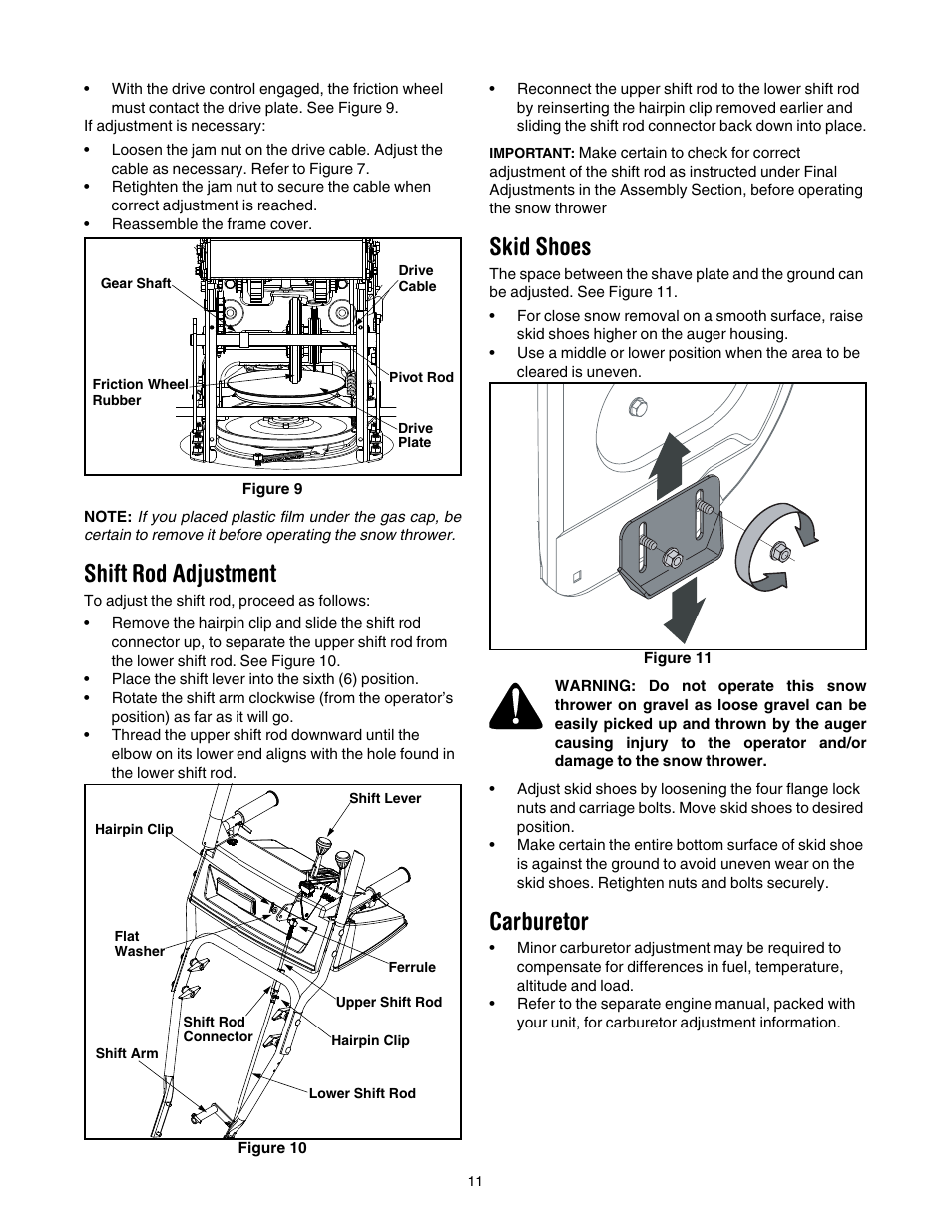 Shift rod adjustment, Skid shoes, Carburetor | MTD 31AH7S3G701 User Manual | Page 11 / 28