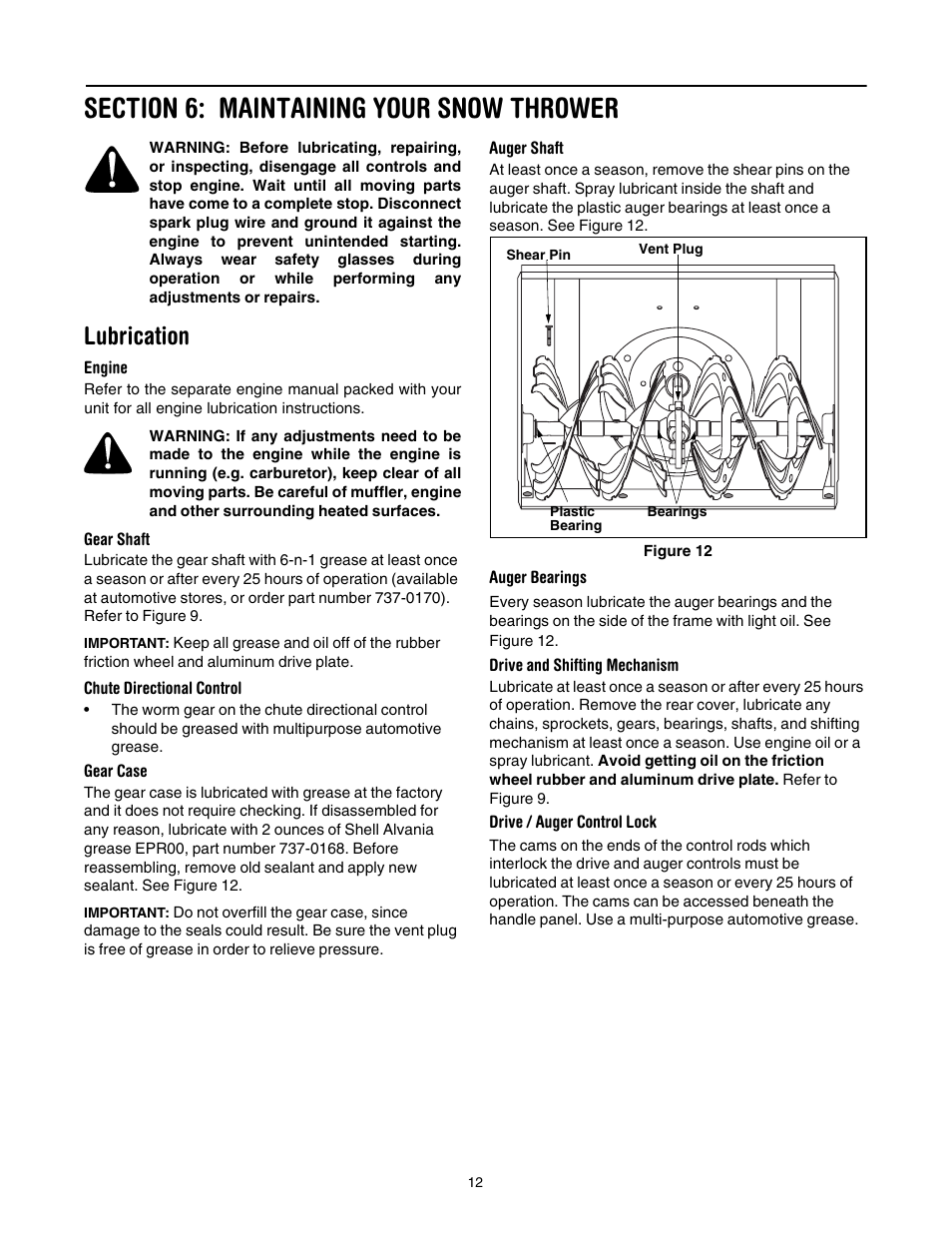 Section 6: maintaining your snow thrower, Lubrication | MTD 31AH7S3G701 User Manual | Page 12 / 28