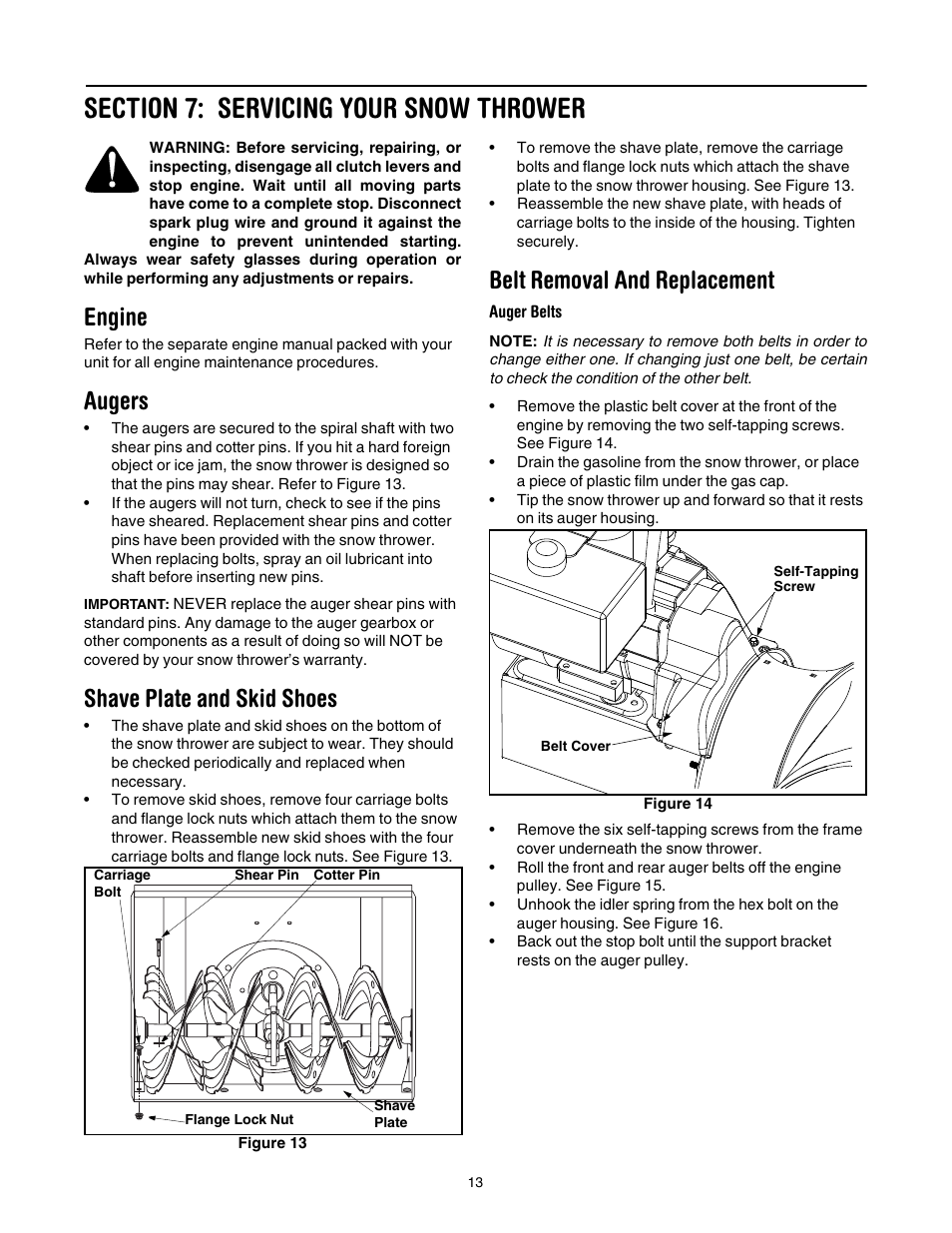 Section 7: servicing your snow thrower, Engine, Augers | Shave plate and skid shoes, Belt removal and replacement | MTD 31AH7S3G701 User Manual | Page 13 / 28