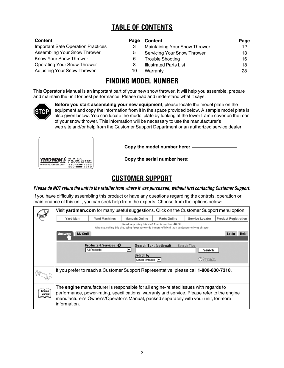 Table of contents finding model number, Customer support | MTD 31AH7S3G701 User Manual | Page 2 / 28