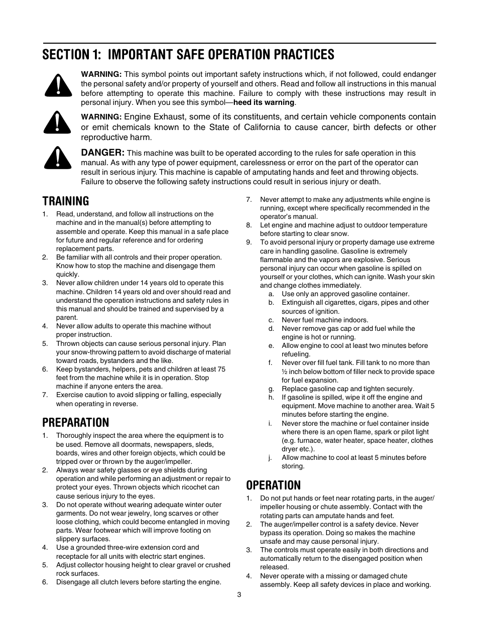 Section 1: important safe operation practices, Training, Preparation | Operation | MTD 31AH7S3G701 User Manual | Page 3 / 28