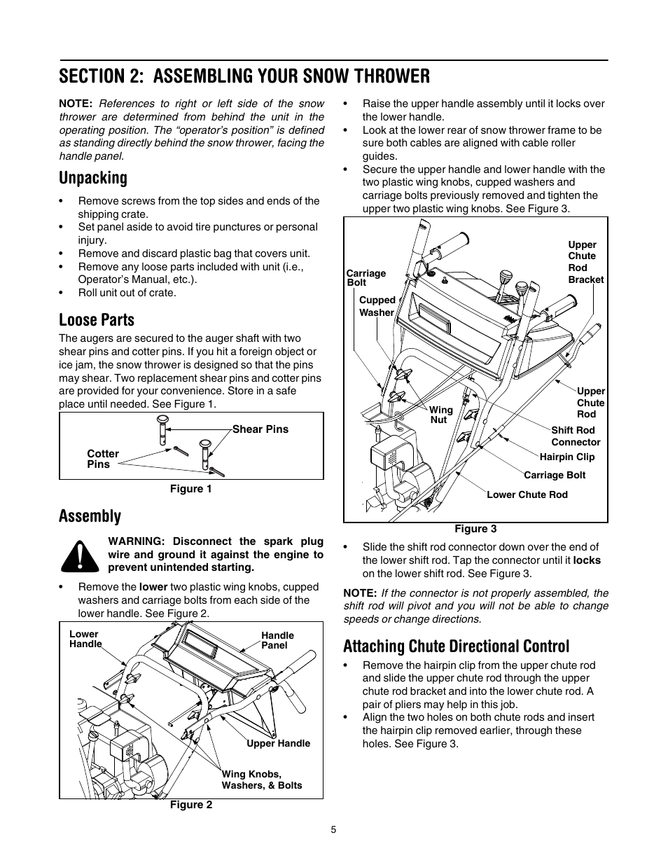 Section 2: assembling your snow thrower, Loose parts, Assembly | Attaching chute directional control, Unpacking | MTD 31AH7S3G701 User Manual | Page 5 / 28